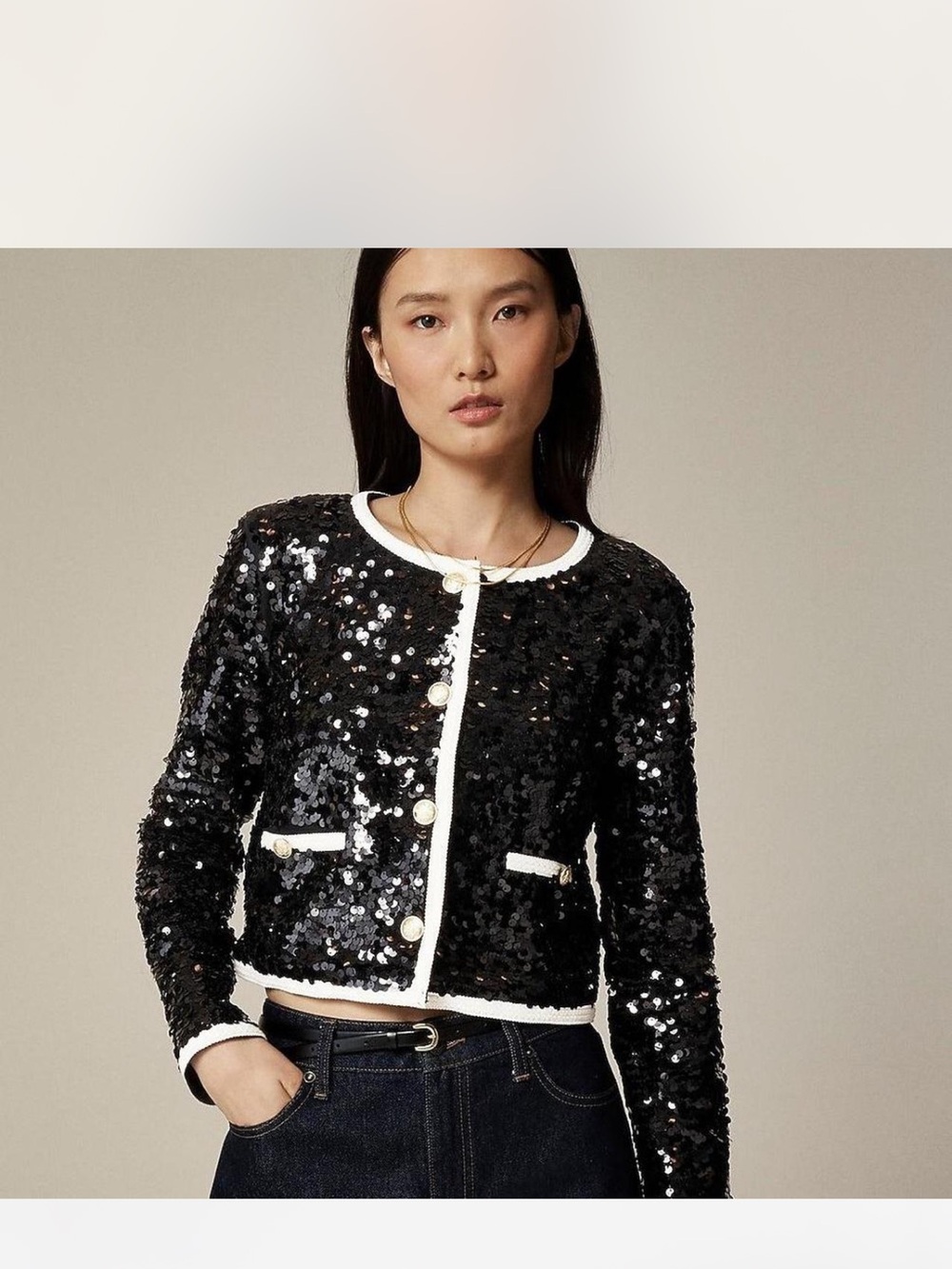 J. Crew Black Sequin Cropped Cardigan with White Trim